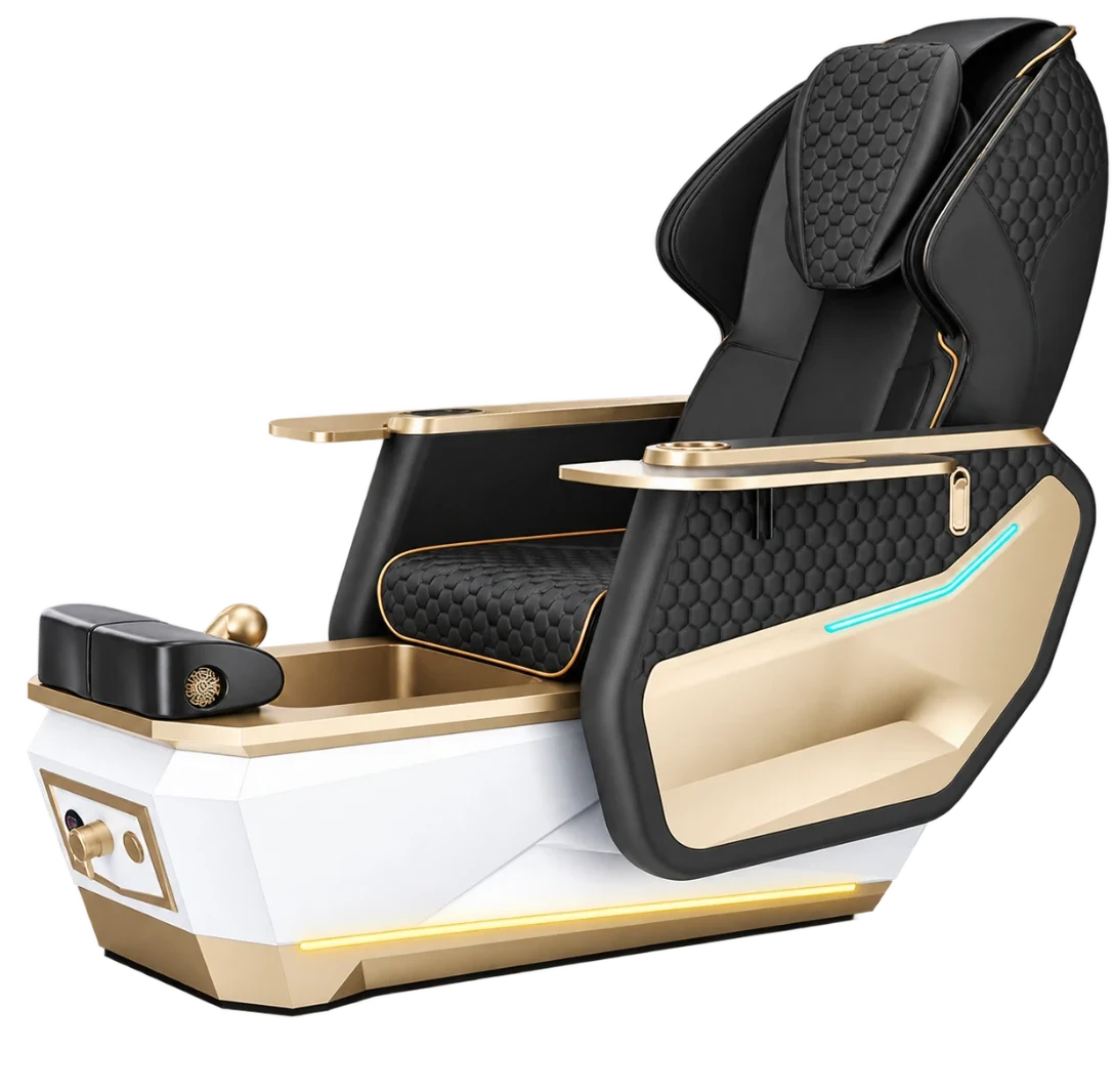 Avela Relax Spa with black Super Relax chair and gold and pearl white base