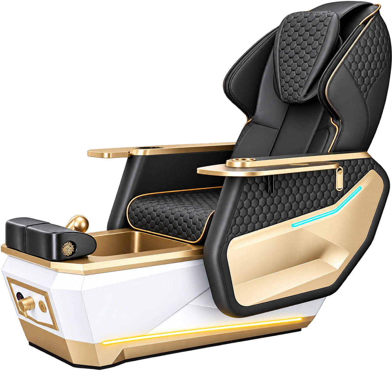 Avela Relax Spa with black Super Relax chair and gold and pearl white base